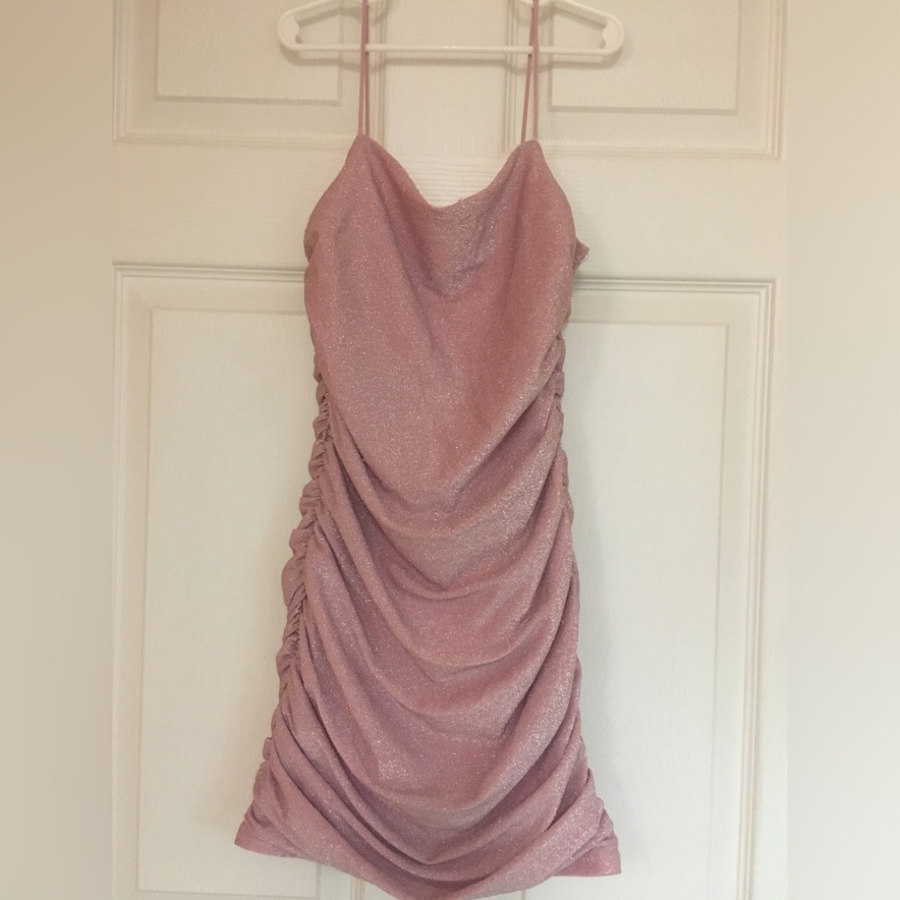 SHEIN Women’s Pink Skinny Strap Mini Dress Sparkle Ruched Pink Slip Dress